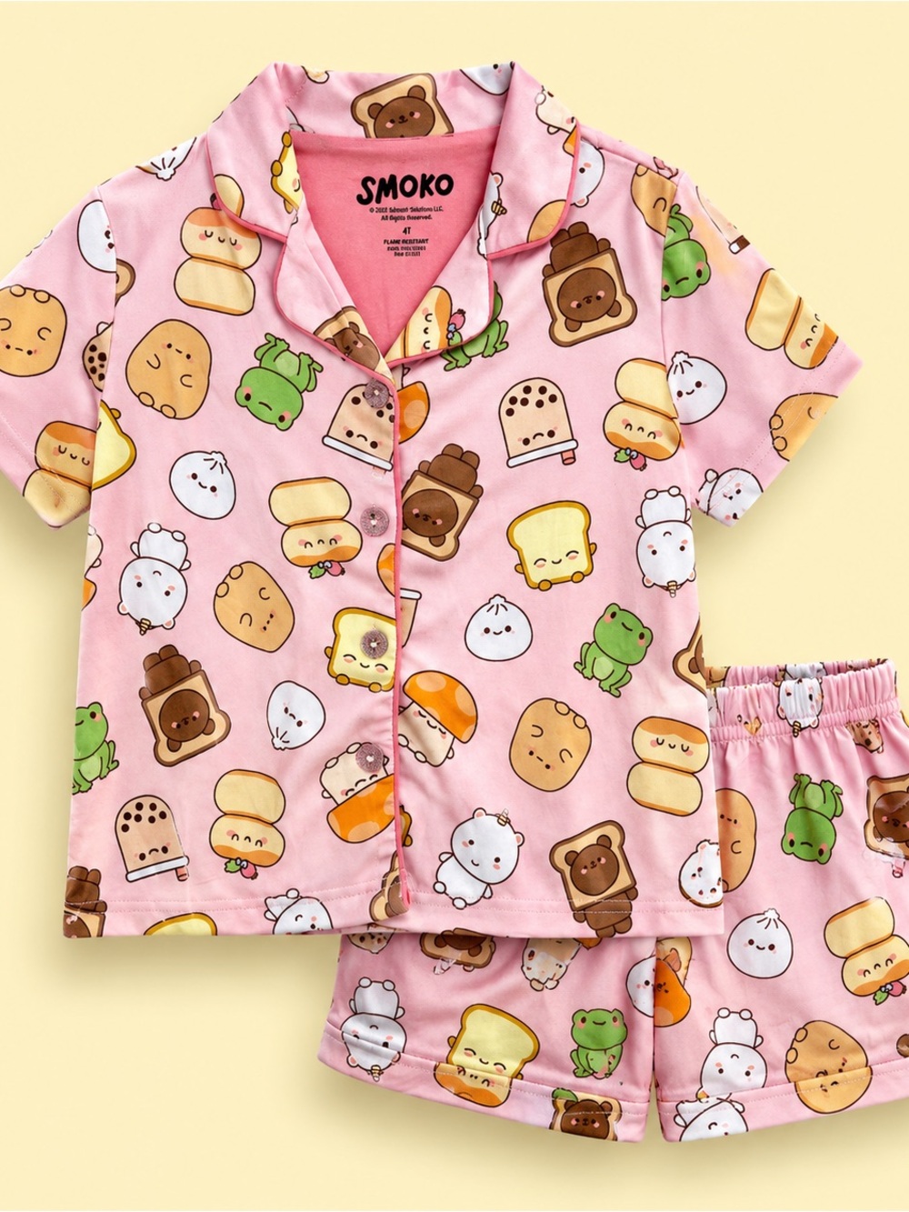 Smoko Kids Pink Short-Sleeve Pajama Top with Cute Snack Characters